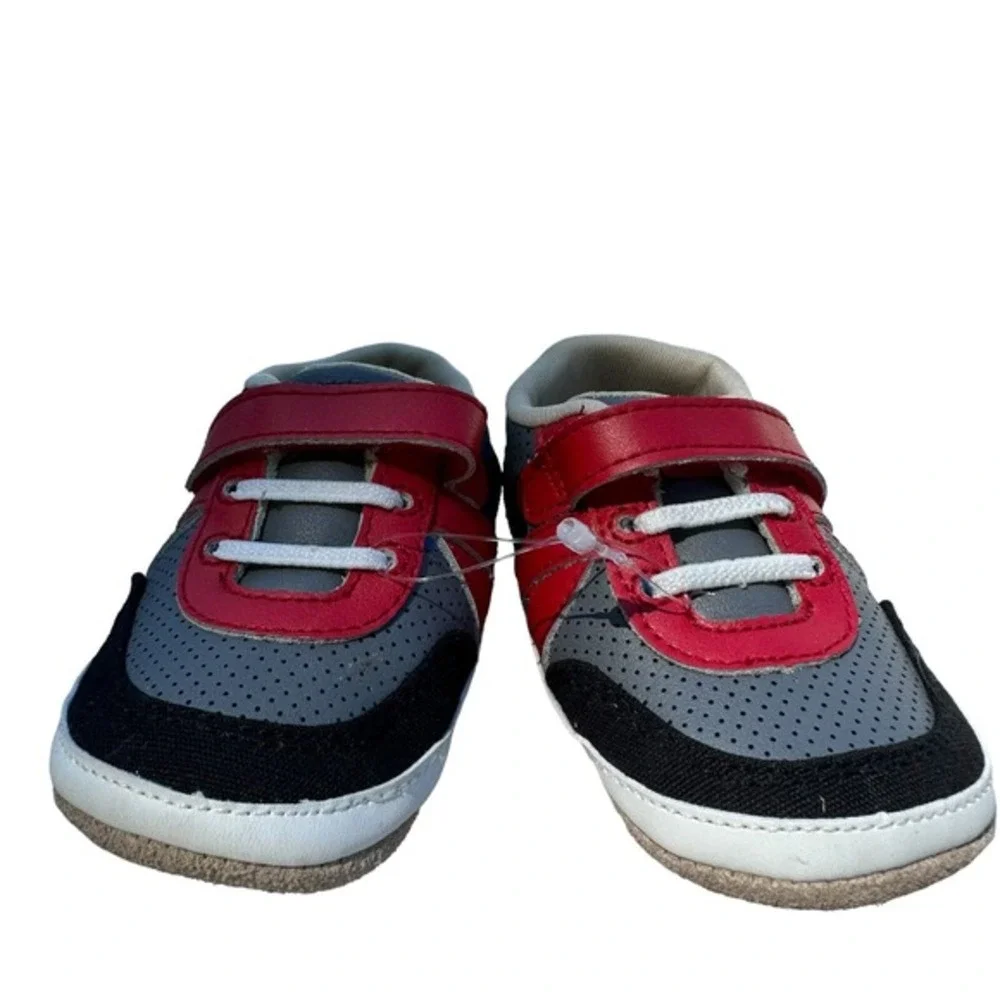 Robeez Sneakers Kids US 2 Grey Red Black Soft Sole Hook Loop‎ first shoes